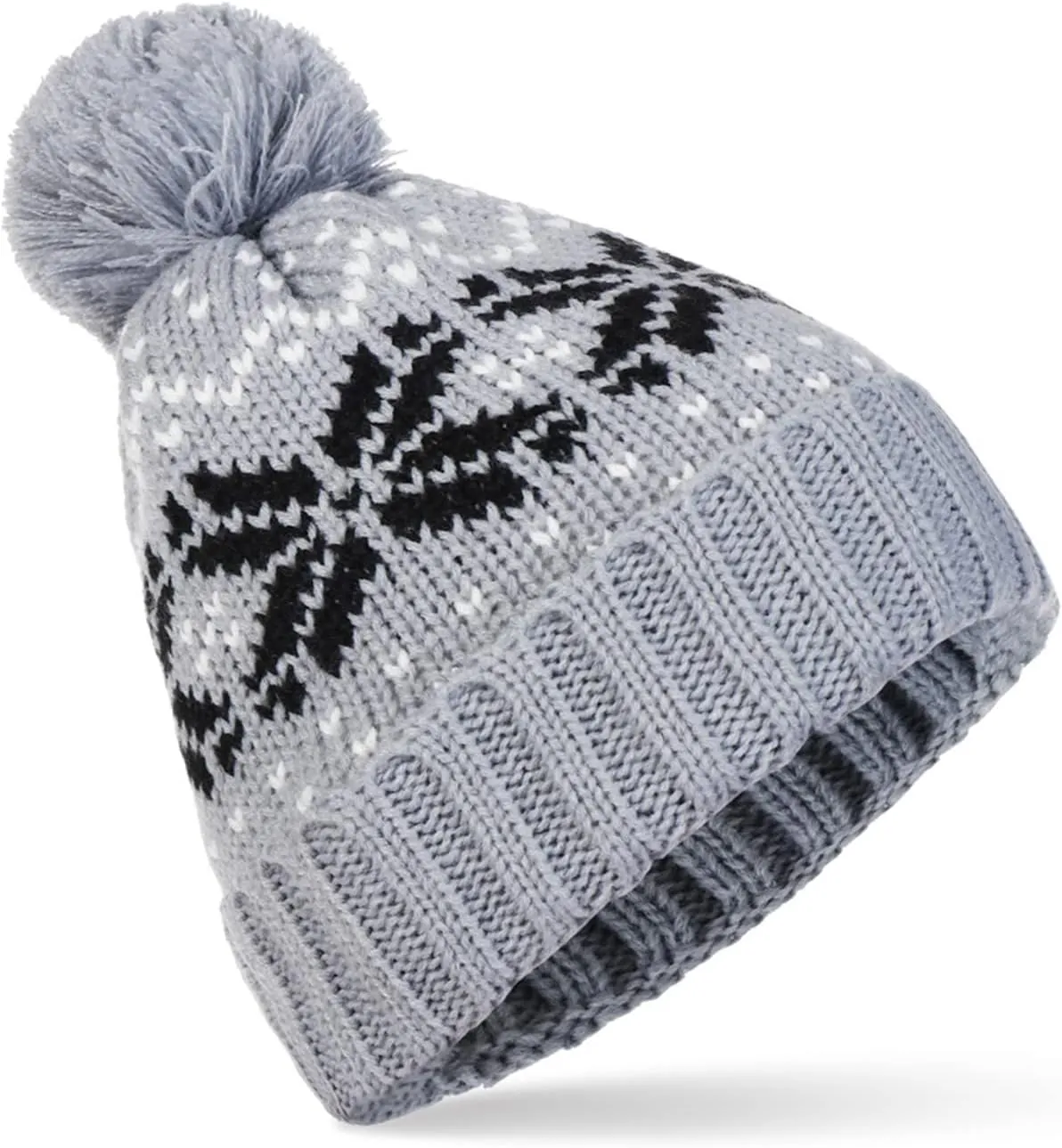 Womens Winter Beanie Hat, Warm Fleece Lined Knitted Soft Ski Cuff Cap with Pom Pom Christmas Fuzzy Hat