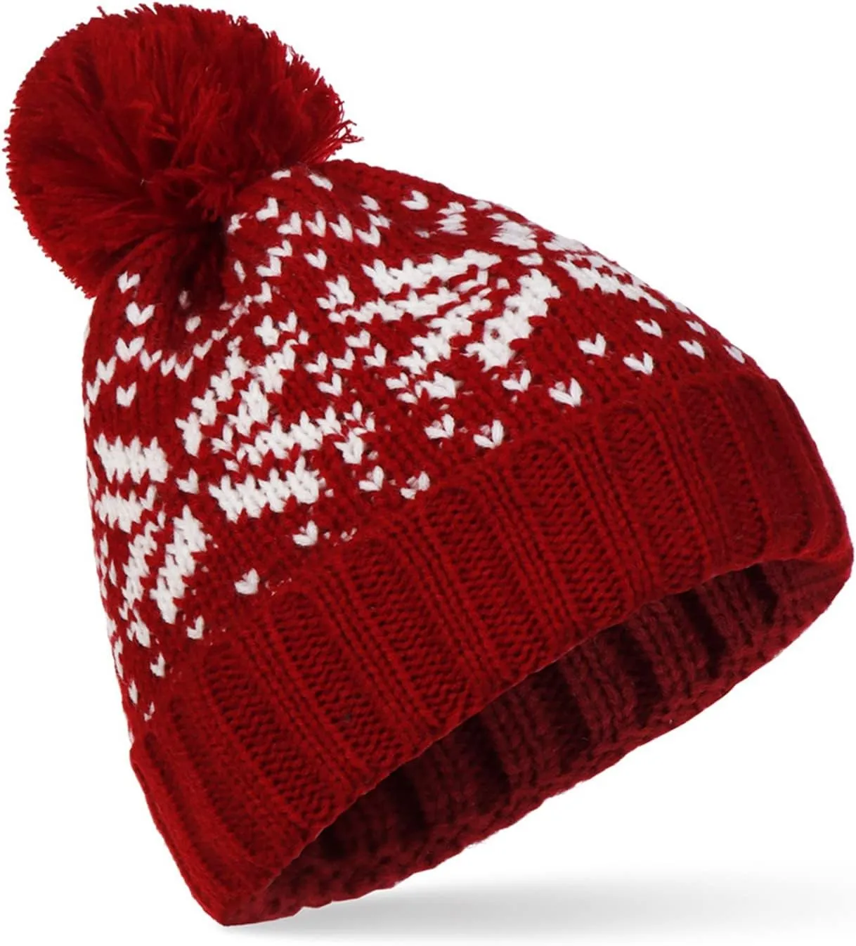 Womens Winter Beanie Hat, Warm Fleece Lined Knitted Soft Ski Cuff Cap with Pom Pom Christmas Fuzzy Hat