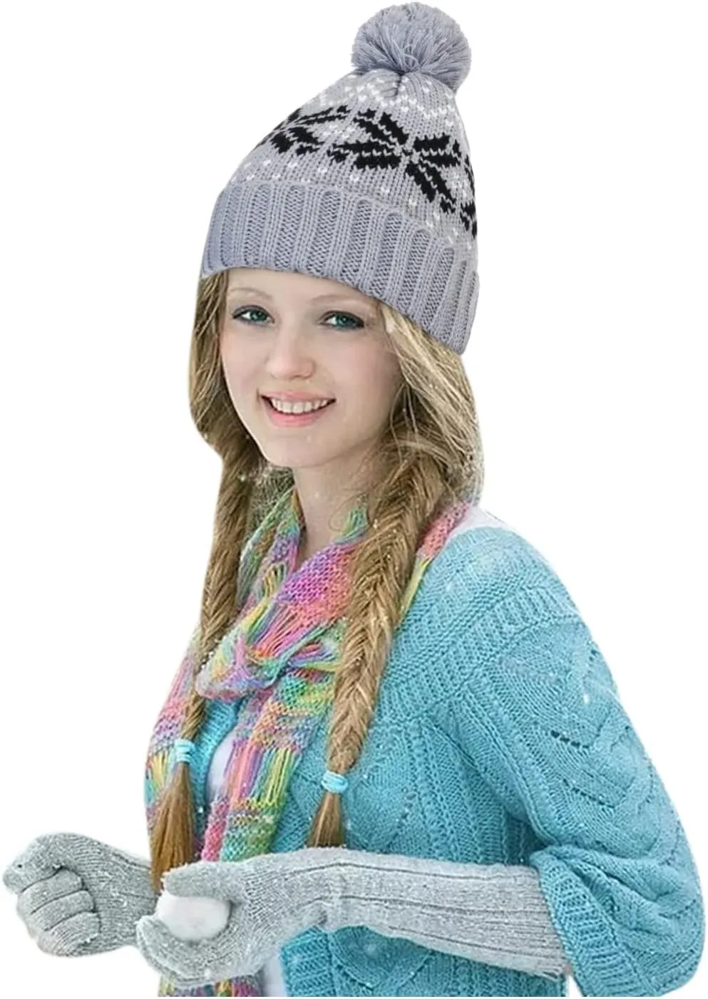 Womens Winter Beanie Hat, Warm Fleece Lined Knitted Soft Ski Cuff Cap with Pom Pom Christmas Fuzzy Hat
