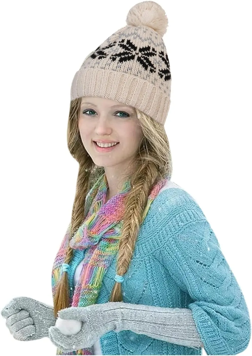 Womens Winter Beanie Hat, Warm Fleece Lined Knitted Soft Ski Cuff Cap with Pom Pom Christmas Fuzzy Hat