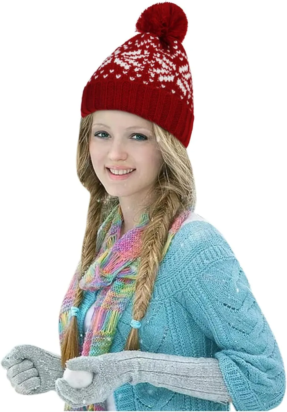 Womens Winter Beanie Hat, Warm Fleece Lined Knitted Soft Ski Cuff Cap with Pom Pom Christmas Fuzzy Hat