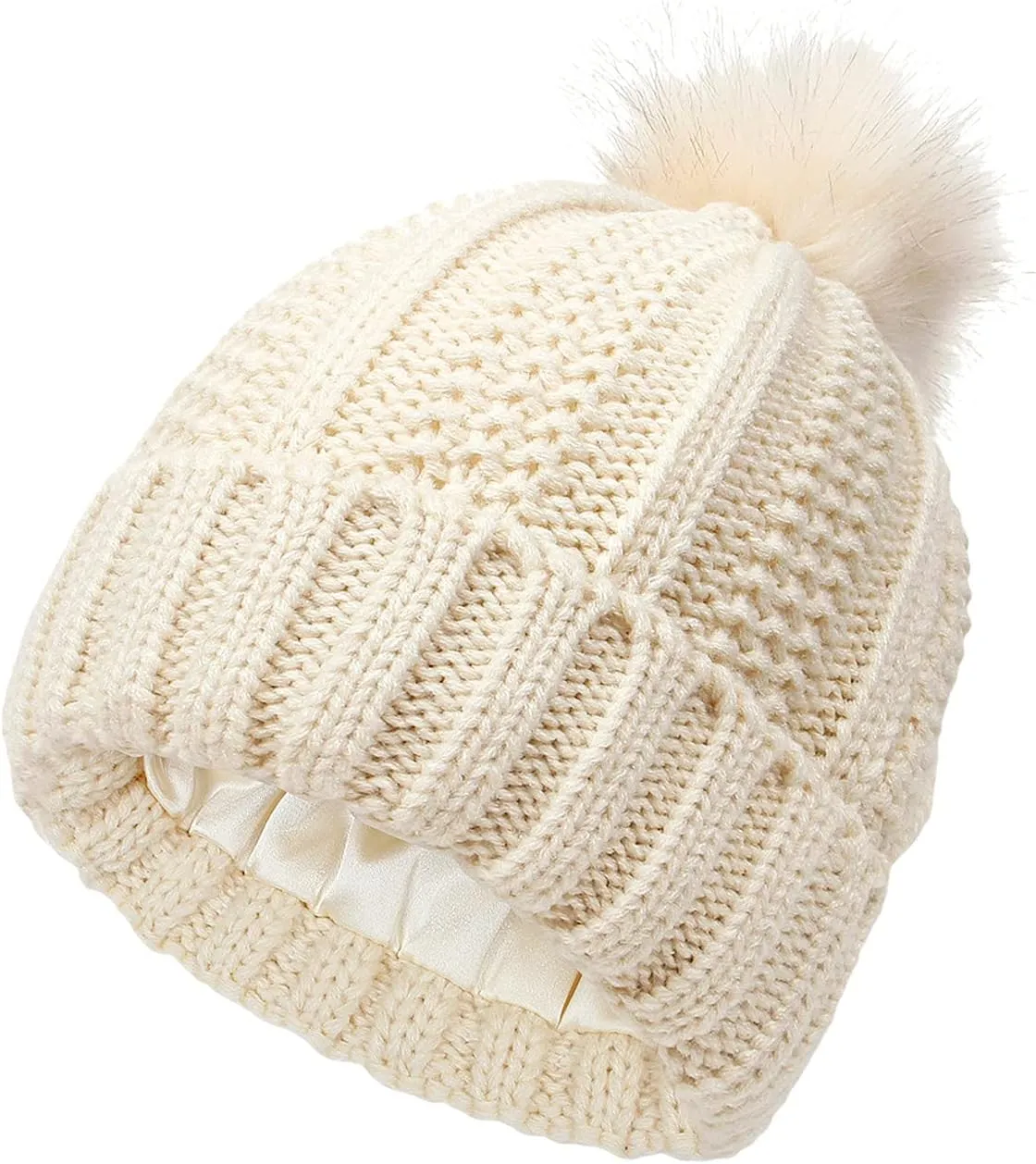 Womens Winter Beanie Hat, Warm Fleece Lined Knitted Soft Ski Cuff Cap with Pom Pom Winter Ribbed Beanie Hat (Red, One Size)