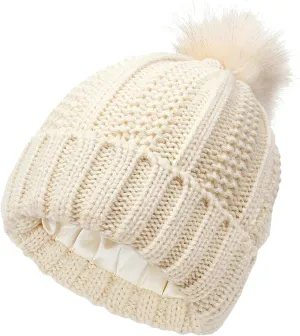 Womens Winter Beanie Hat, Warm Fleece Lined Knitted Soft Ski Cuff Cap with Pom Pom Winter Ribbed Beanie Hat (Red, One Size)
