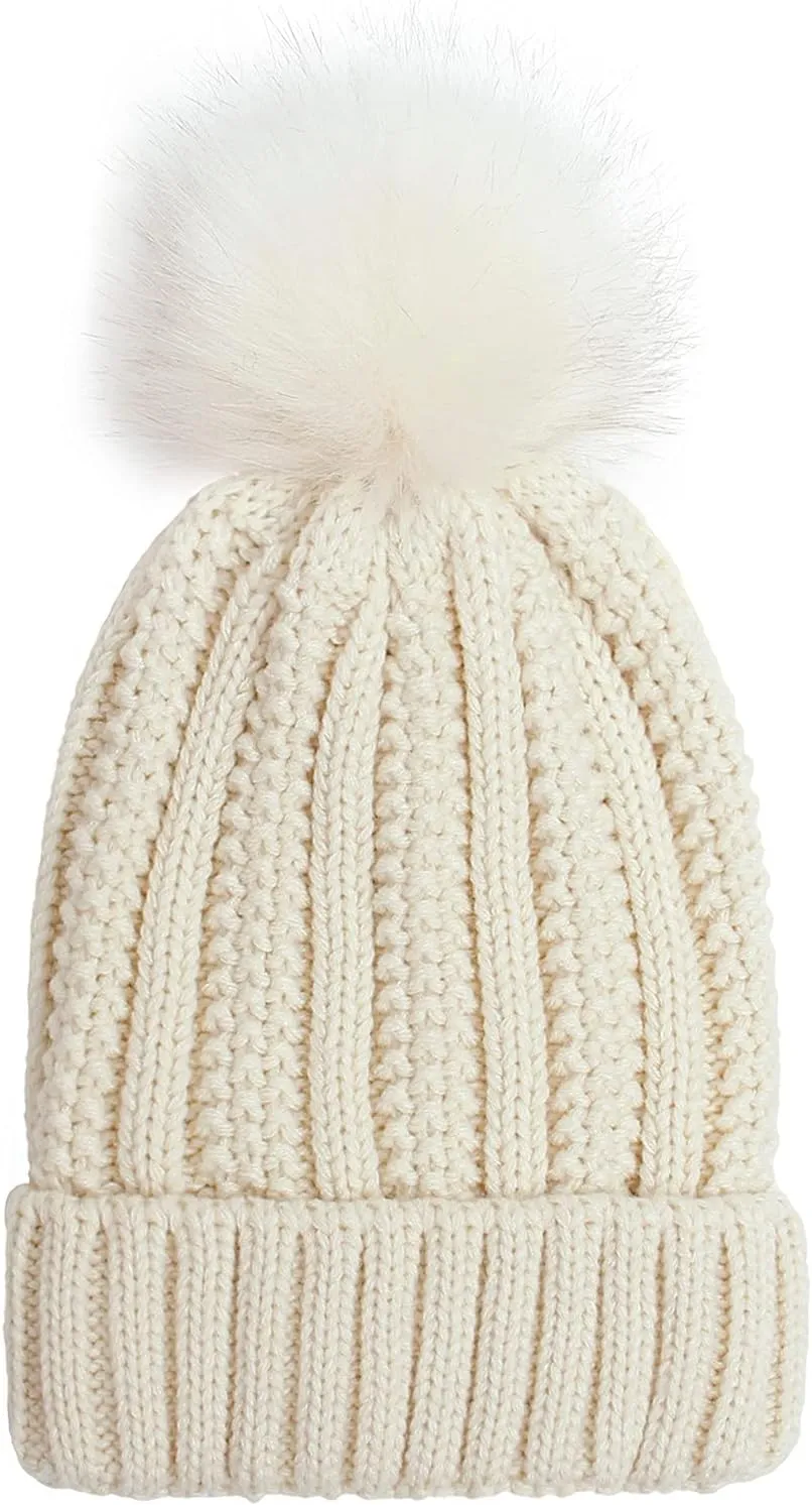 Womens Winter Beanie Hat, Warm Fleece Lined Knitted Soft Ski Cuff Cap with Pom Pom Winter Ribbed Beanie Hat (Red, One Size)