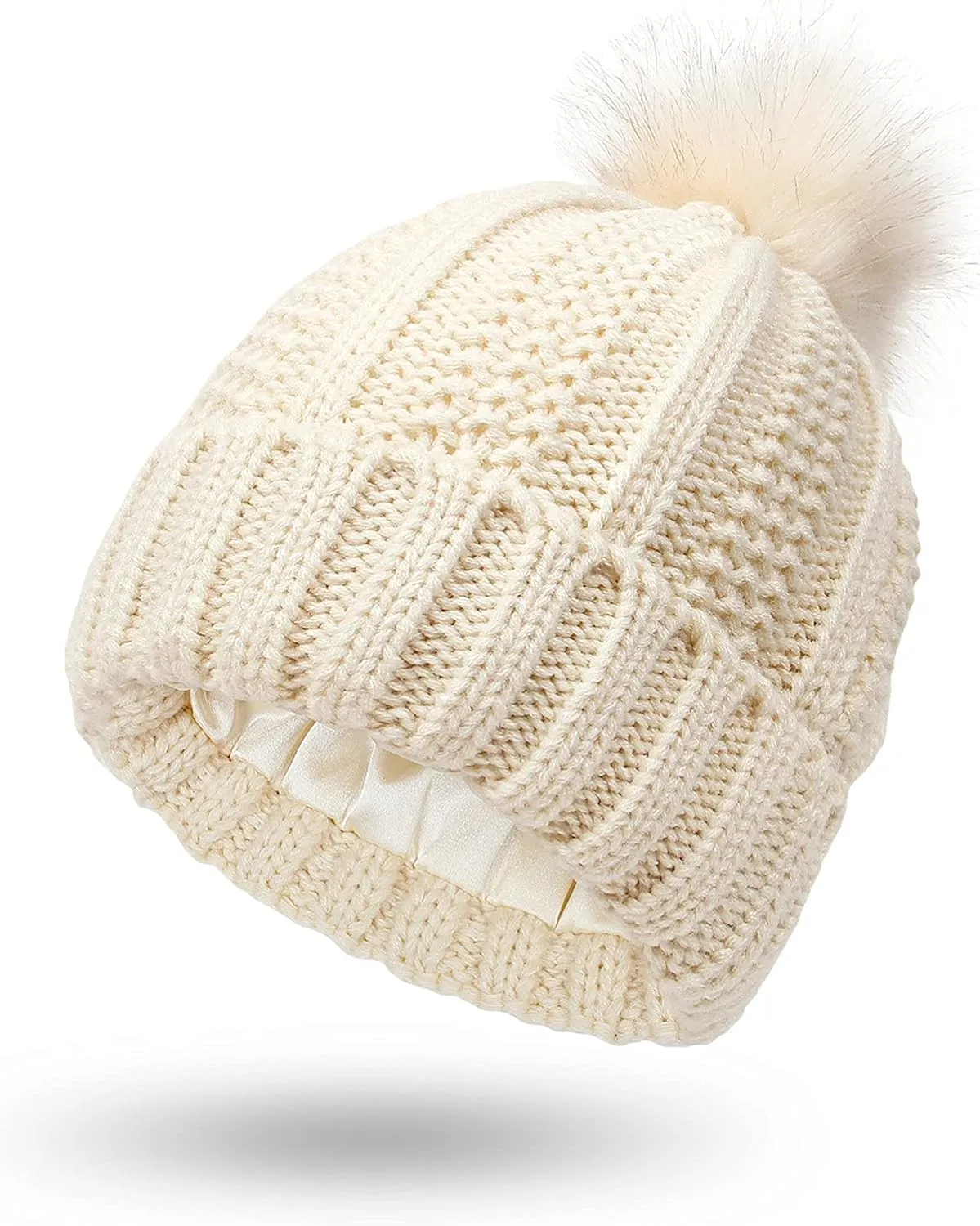 Womens Winter Beanie Hat, Warm Fleece Lined Knitted Soft Ski Cuff Cap with Pom Pom Winter Ribbed Beanie Hat (Red, One Size)