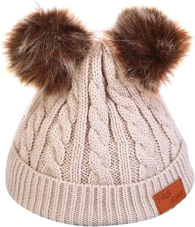 Womens Winter Beanie Hat Warm Lined Faux Fur Pom Pom Knitted Warm Beanie Chunky Baggy Cap for Women men (Coffee, Free Size)