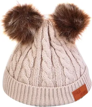 Womens Winter Beanie Hat Warm Lined Faux Fur Pom Pom Knitted Warm Beanie Chunky Baggy Cap for Women men (Coffee, Free Size)