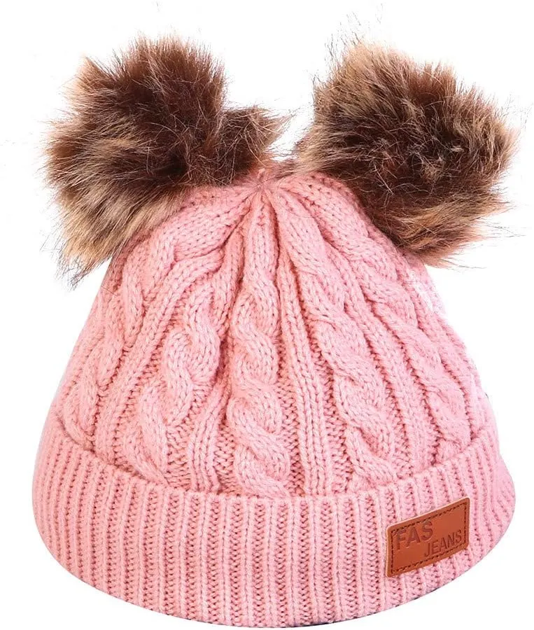 Womens Winter Beanie Hat Warm Lined Faux Fur Pom Pom Knitted Warm Beanie Chunky Baggy Cap for Women men (Hot Pink, Free Size)