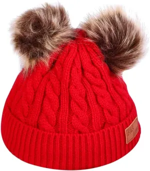 Womens Winter Beanie Hat Warm Lined Faux Fur Pom Pom Knitted Warm Beanie Chunky Baggy Cap for Women men (Red, Free Size)