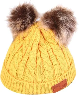 Womens Winter Beanie Hat Warm Lined Faux Fur Pom Pom Knitted Warm Beanie Chunky Baggy Cap for Women men (Yellow, Free Size)