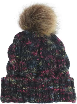 Womens Winter Beanie Hat, Warm Lined Knitted Soft Ski Cuff Cap Slouchy Ski Cap Chunky Baggy Hat with Pom Pom (Black, Free Size)