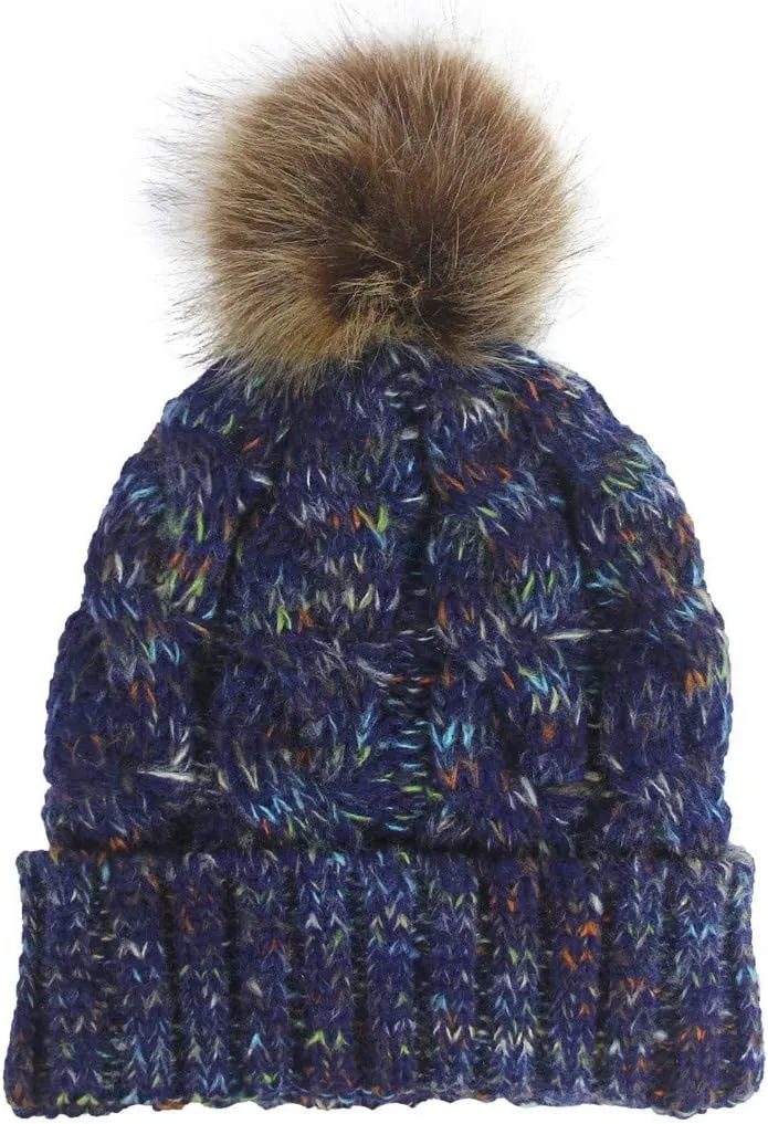 Womens Winter Beanie Hat, Warm Lined Knitted Soft Ski Cuff Cap Slouchy Ski Cap Chunky Baggy Hat with Pom Pom (Navy, Free Size)