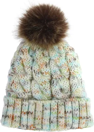 Womens Winter Beanie Hat, Warm Lined Knitted Soft Ski Cuff Cap Slouchy Ski Cap Chunky Baggy Hat with Pom Pom (White, Free Size)