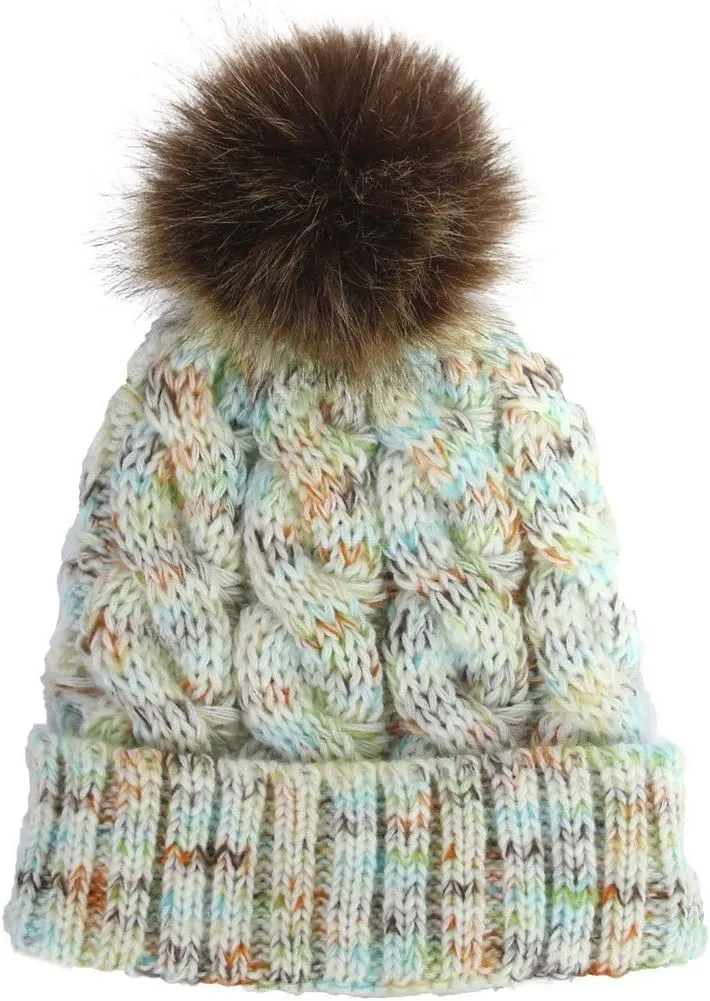 Womens Winter Beanie Hat, Warm Lined Knitted Soft Ski Cuff Cap Slouchy Ski Cap Chunky Baggy Hat with Pom Pom (White, Free Size)