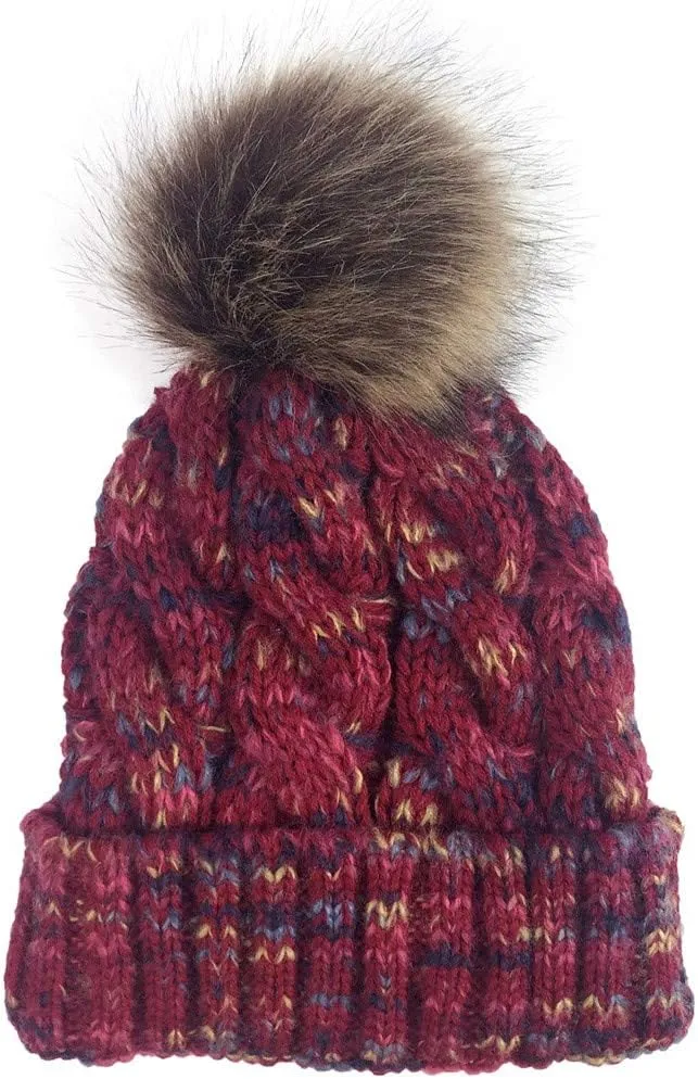 Womens Winter Beanie Hat, Warm Lined Knitted Soft Ski Cuff Cap Slouchy Ski Cap Chunky Baggy Hat with Pom Pom (Wine, Free Size)