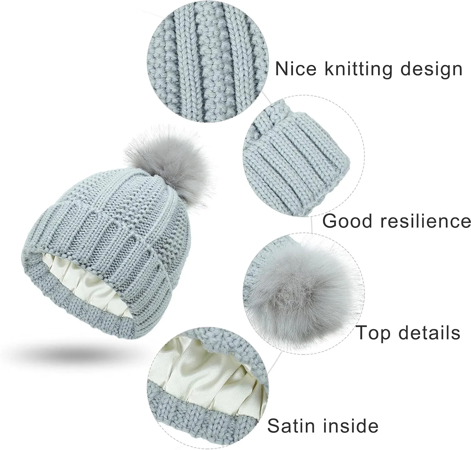 Womens Winter Beanie Hat, Warm Lined Knitted Soft Ski Cuff Cap with Faux Fur Pom Pom Thick Knit Skull Cap
