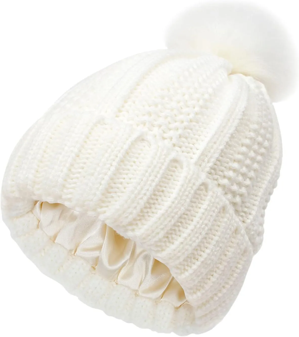 Womens Winter Beanie Hat, Warm Lined Knitted Soft Ski Cuff Cap with Faux Fur Pom Pom Thick Knit Skull Cap