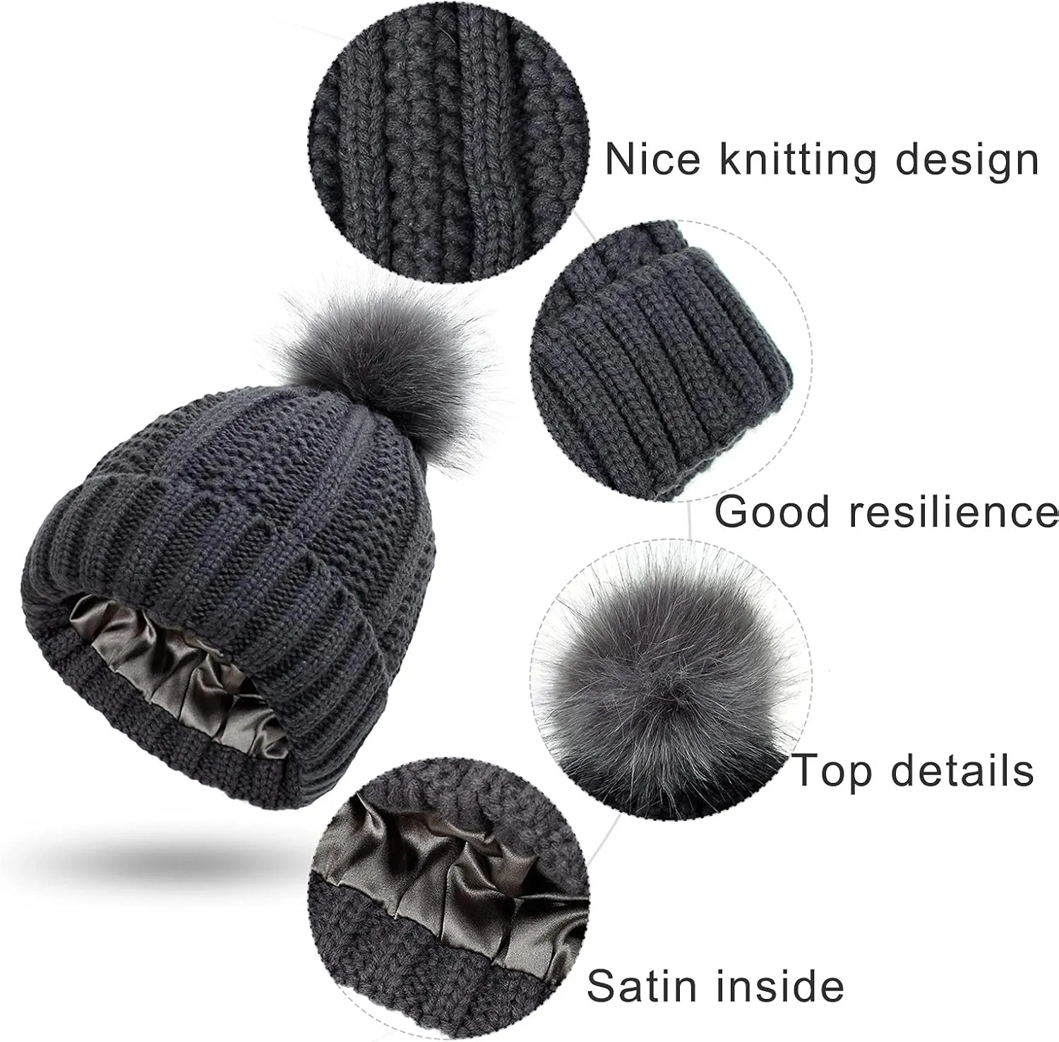 Womens Winter Beanie Hat, Warm Lined Knitted Soft Ski Cuff Cap with Faux Fur Pom Pom Thick Knit Skull Cap