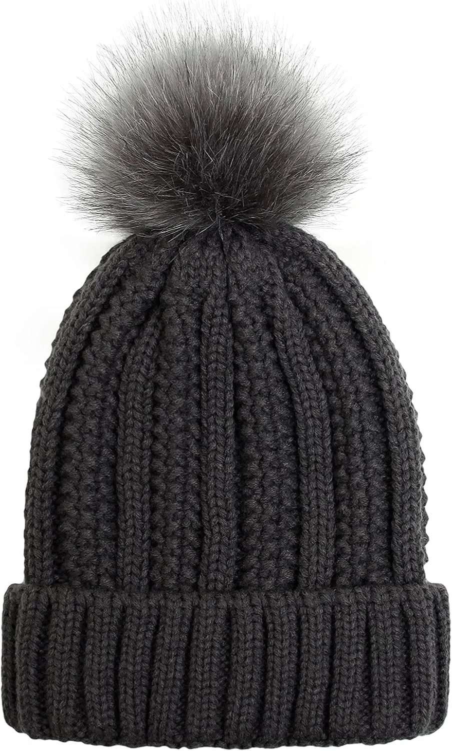 Womens Winter Beanie Hat, Warm Lined Knitted Soft Ski Cuff Cap with Faux Fur Pom Pom Thick Knit Skull Cap