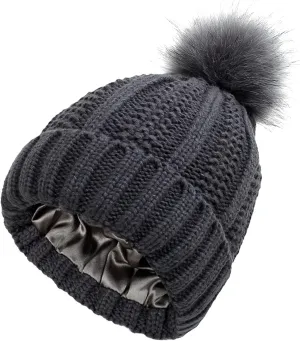 Womens Winter Beanie Hat, Warm Lined Knitted Soft Ski Cuff Cap with Faux Fur Pom Pom Thick Knit Skull Cap