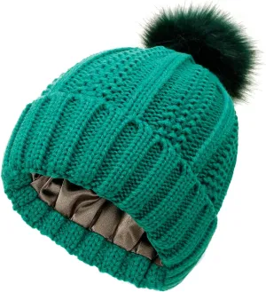 Womens Winter Beanie Hat, Warm Lined Knitted Soft Ski Cuff Cap with Faux Fur Pom Pom Thick Knit Skull Cap
