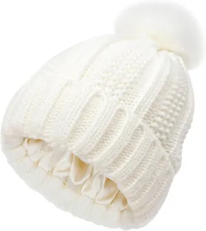 Womens Winter Beanie Hat, Warm Lined Knitted Soft Ski Cuff Cap with Faux Fur Pom Pom Thick Knit Skull Cap
