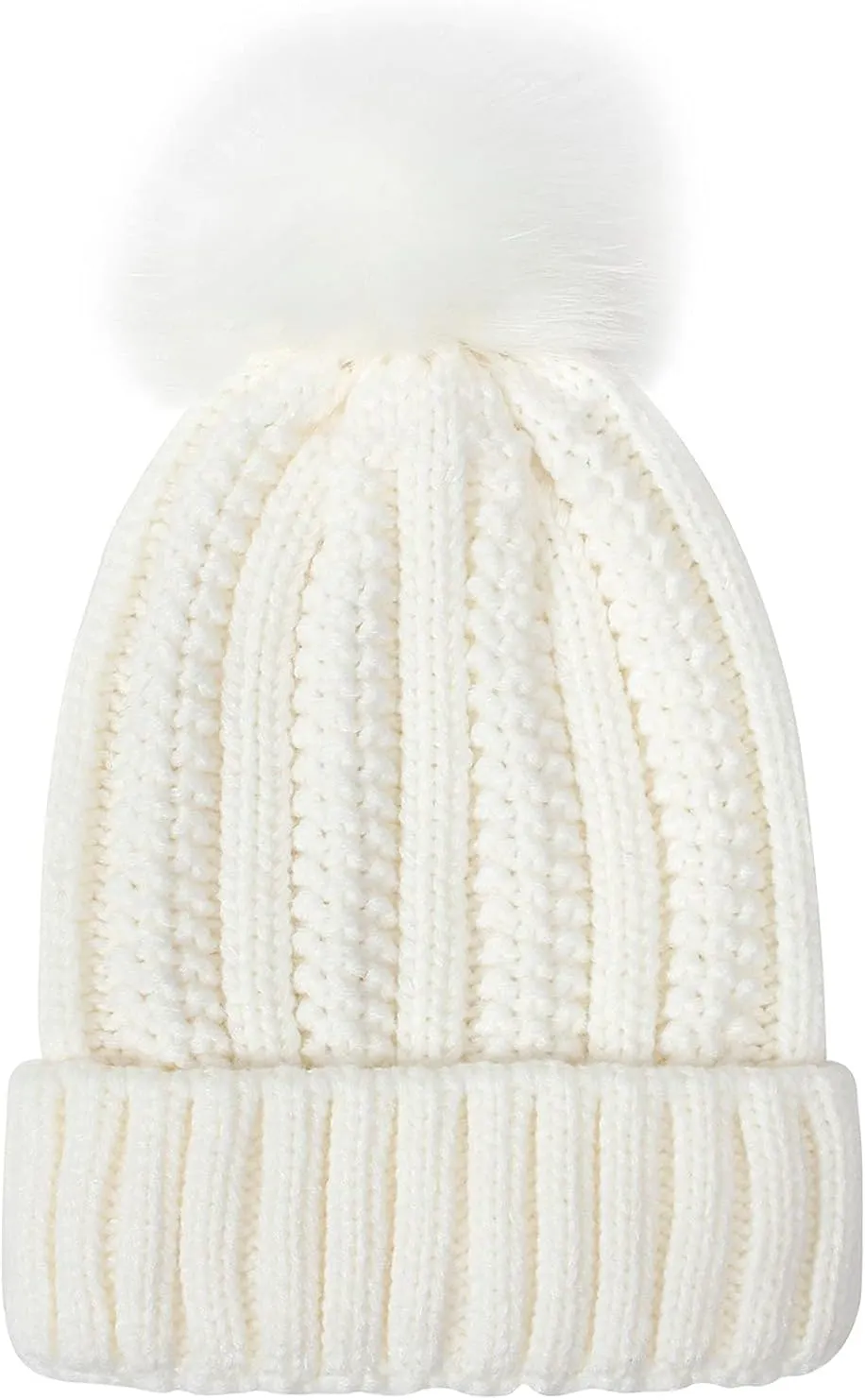 Womens Winter Beanie Hat, Warm Lined Knitted Soft Ski Cuff Cap with Faux Fur Pom Pom Thick Knit Skull Cap