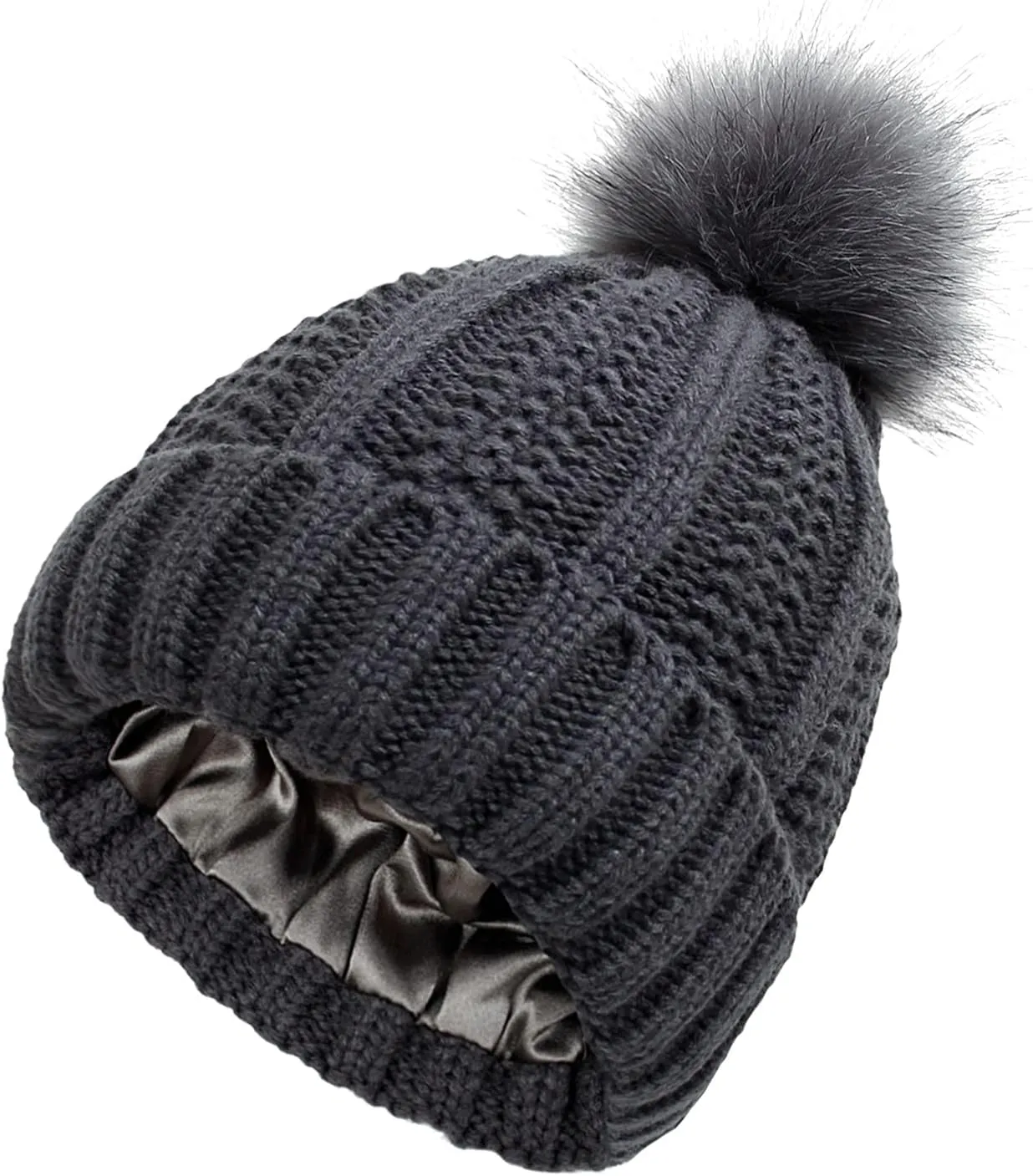 Womens Winter Beanie Hat, Warm Lined Knitted Soft Ski Cuff Cap with Faux Fur Pom Pom Thick Knit Skull Cap