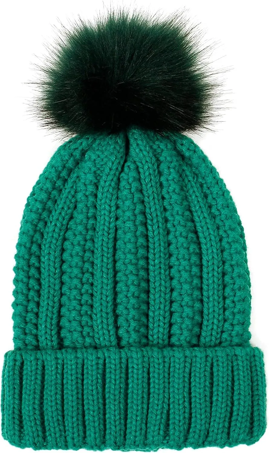 Womens Winter Beanie Hat, Warm Lined Knitted Soft Ski Cuff Cap with Faux Fur Pom Pom Thick Knit Skull Cap