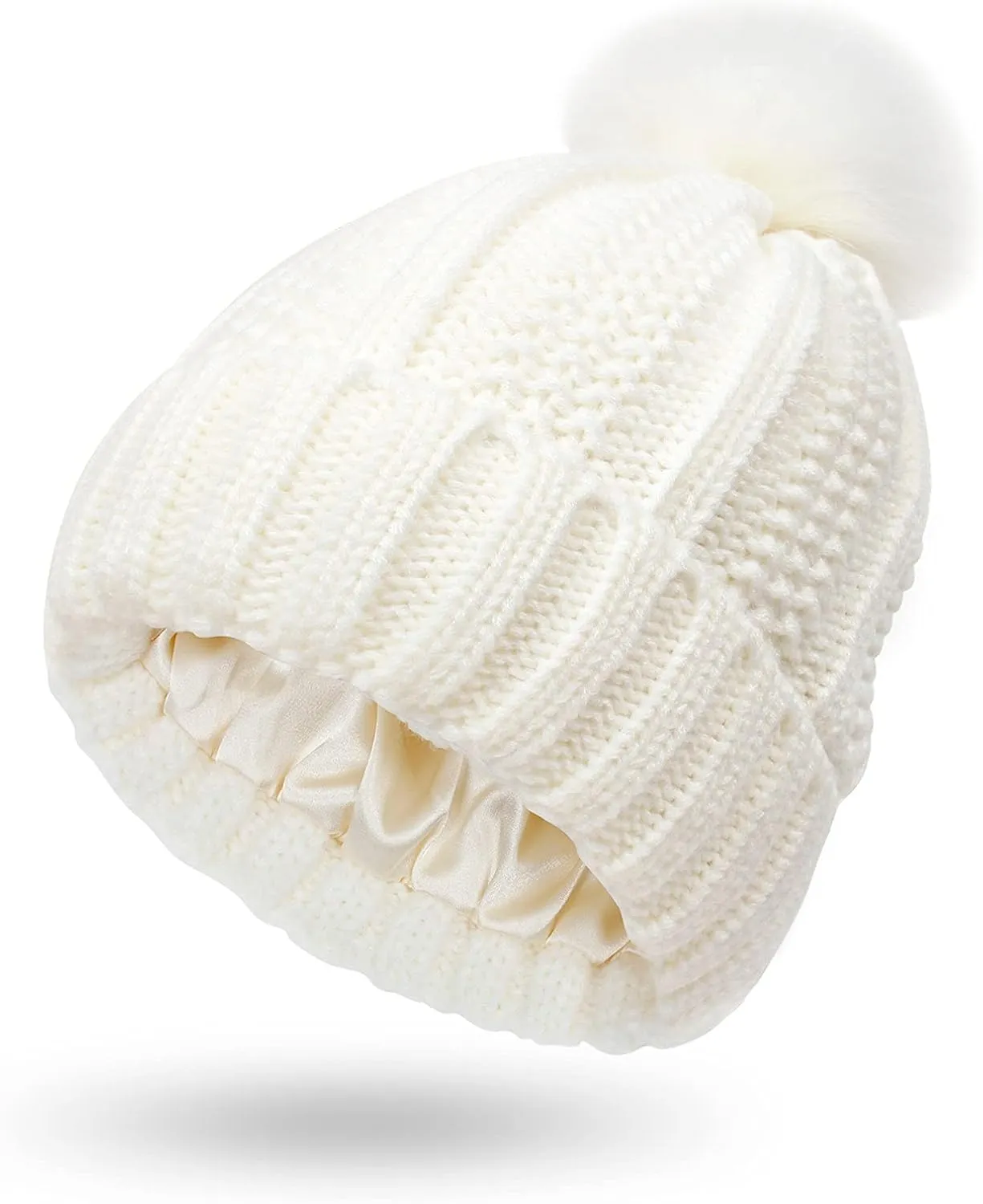 Womens Winter Beanie Hat, Warm Lined Knitted Soft Ski Cuff Cap with Faux Fur Pom Pom Thick Knit Skull Cap