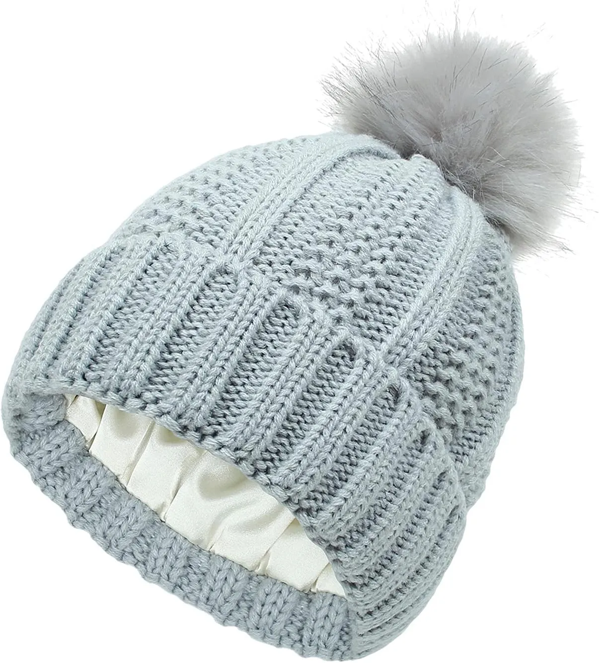 Womens Winter Beanie Hat, Warm Lined Knitted Soft Ski Cuff Cap with Faux Fur Pom Pom Thick Knit Skull Cap