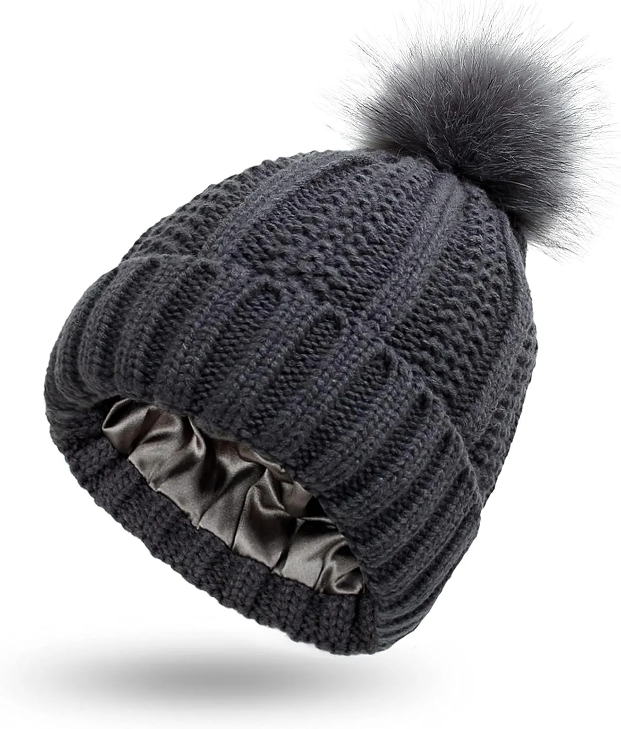 Womens Winter Beanie Hat, Warm Lined Knitted Soft Ski Cuff Cap with Faux Fur Pom Pom Thick Knit Skull Cap