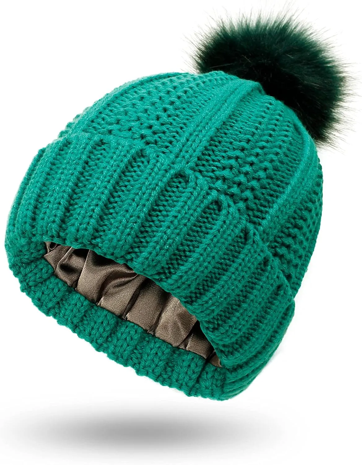 Womens Winter Beanie Hat, Warm Lined Knitted Soft Ski Cuff Cap with Faux Fur Pom Pom Thick Knit Skull Cap