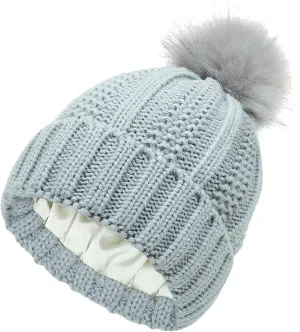 Womens Winter Beanie Hat, Warm Lined Knitted Soft Ski Cuff Cap with Faux Fur Pom Pom Thick Knit Skull Cap