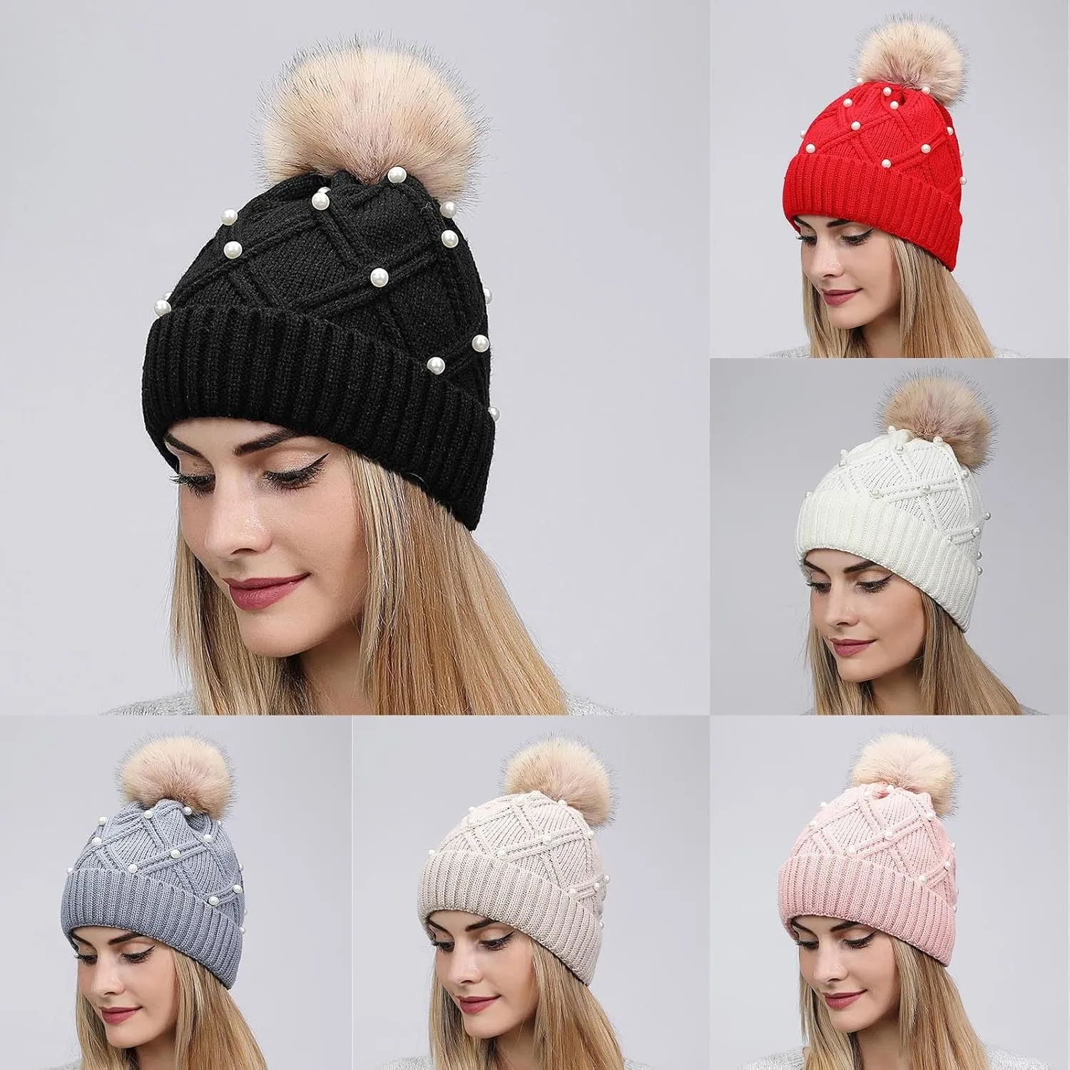 Womens Winter Beanie Hat with Pom Knit Skull Cable Cap Beanie Fashion Pearls Beanies Cap Baggy Warm Hats