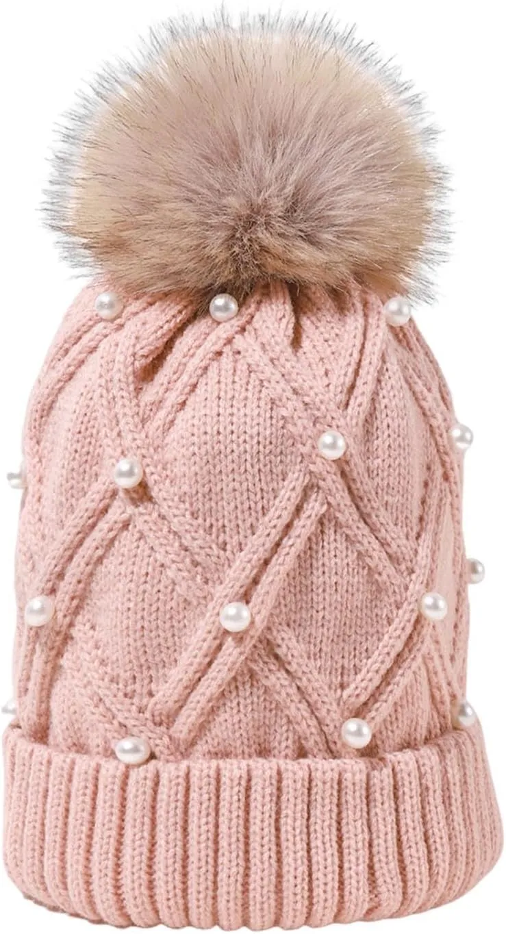 Womens Winter Beanie Hat with Pom Knit Skull Cable Cap Beanie Fashion Pearls Beanies Cap Baggy Warm Hats