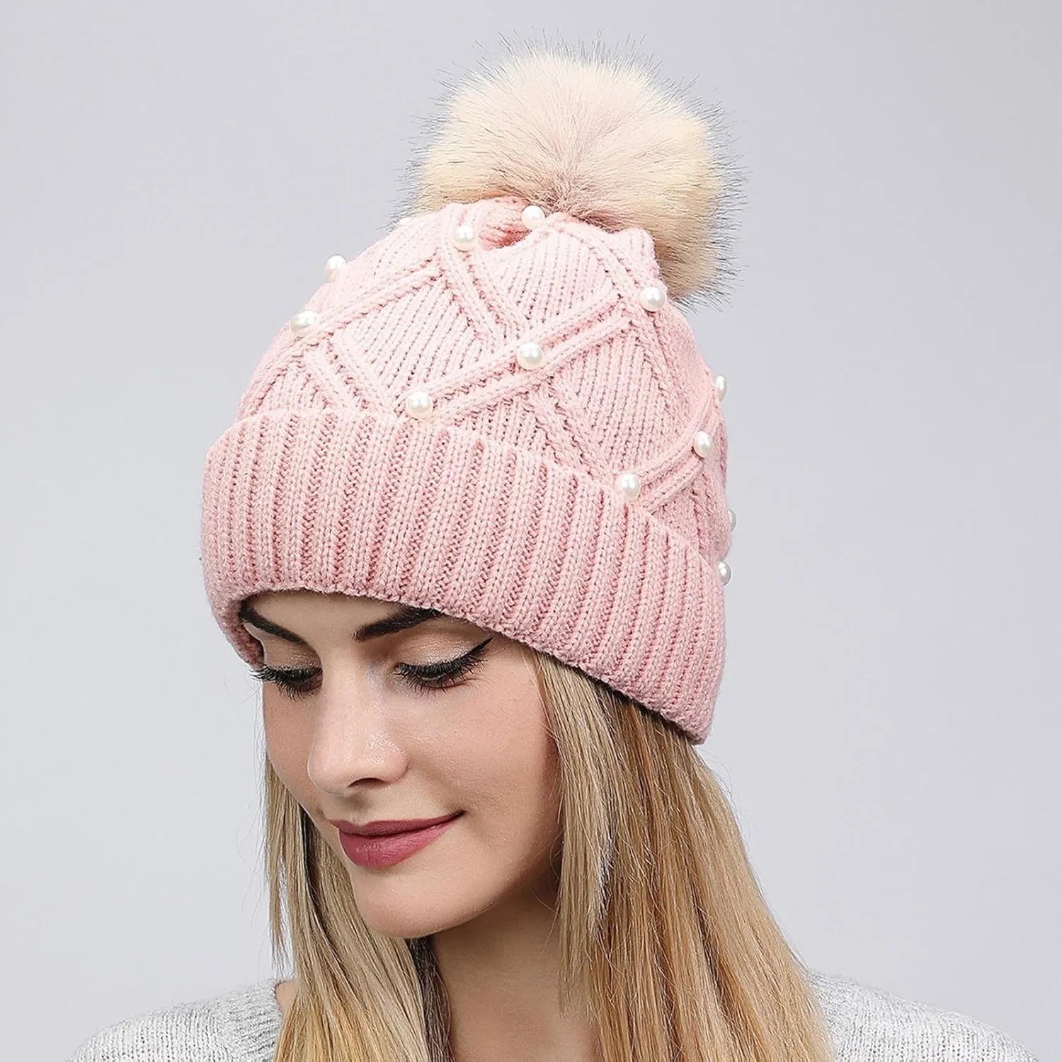 Womens Winter Beanie Hat with Pom Knit Skull Cable Cap Beanie Fashion Pearls Beanies Cap Baggy Warm Hats