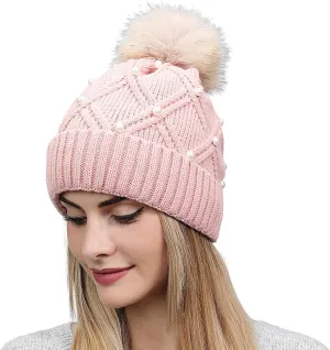 Womens Winter Beanie Hat with Pom Knit Skull Cable Cap Beanie Fashion Pearls Beanies Cap Baggy Warm Hats