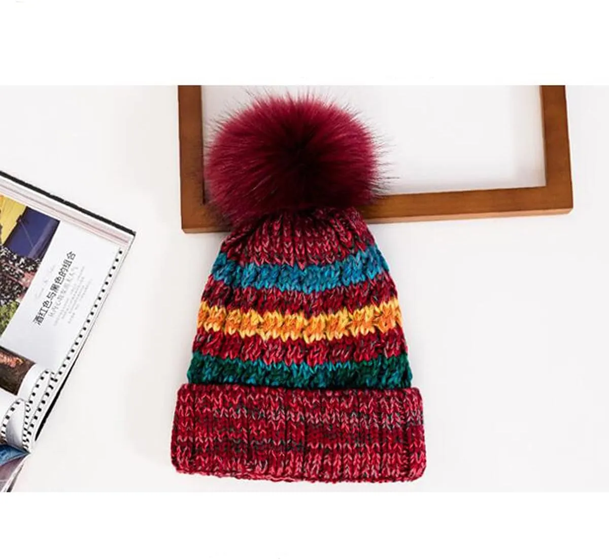 Womens Winter Knit Beanie Hat with Faux Fur pom pom Cap Fleece Lined Skull Cap.