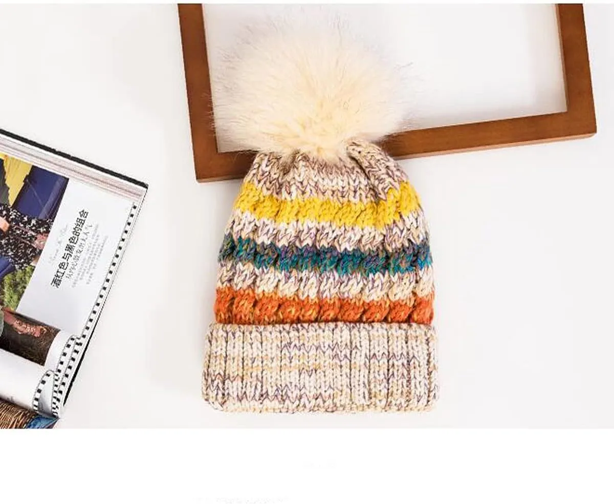 Womens Winter Knit Beanie Hat with Faux Fur pom pom Cap Fleece Lined Skull Cap.
