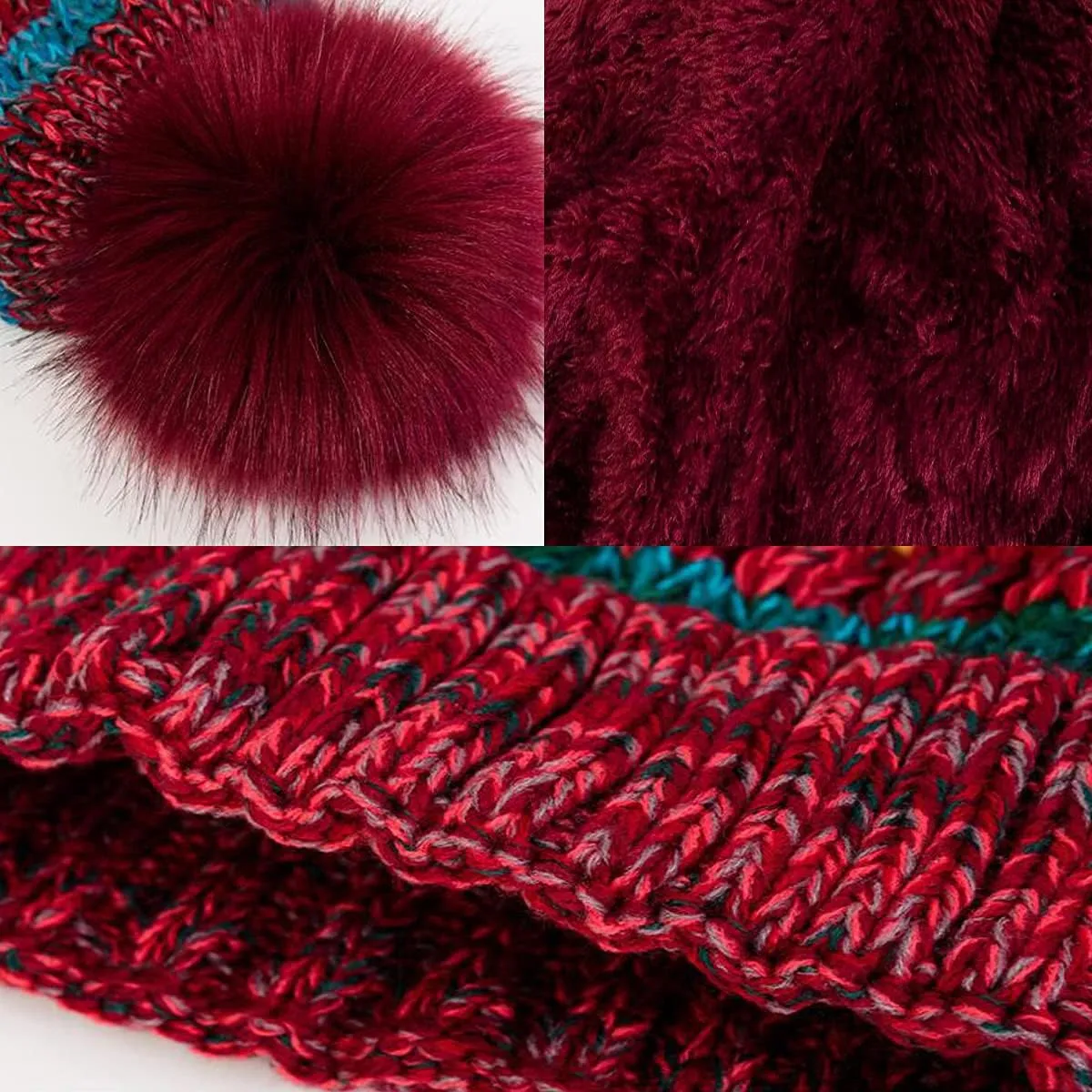 Womens Winter Knit Beanie Hat with Faux Fur pom pom Cap Fleece Lined Skull Cap.