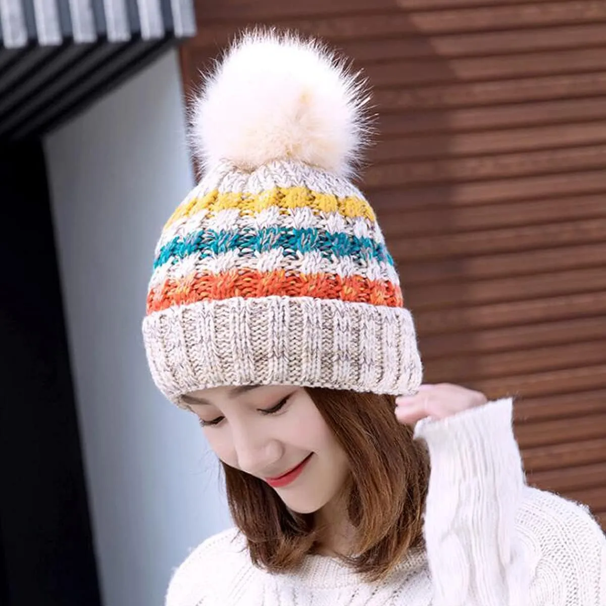 Womens Winter Knit Beanie Hat with Faux Fur pom pom Cap Fleece Lined Skull Cap.