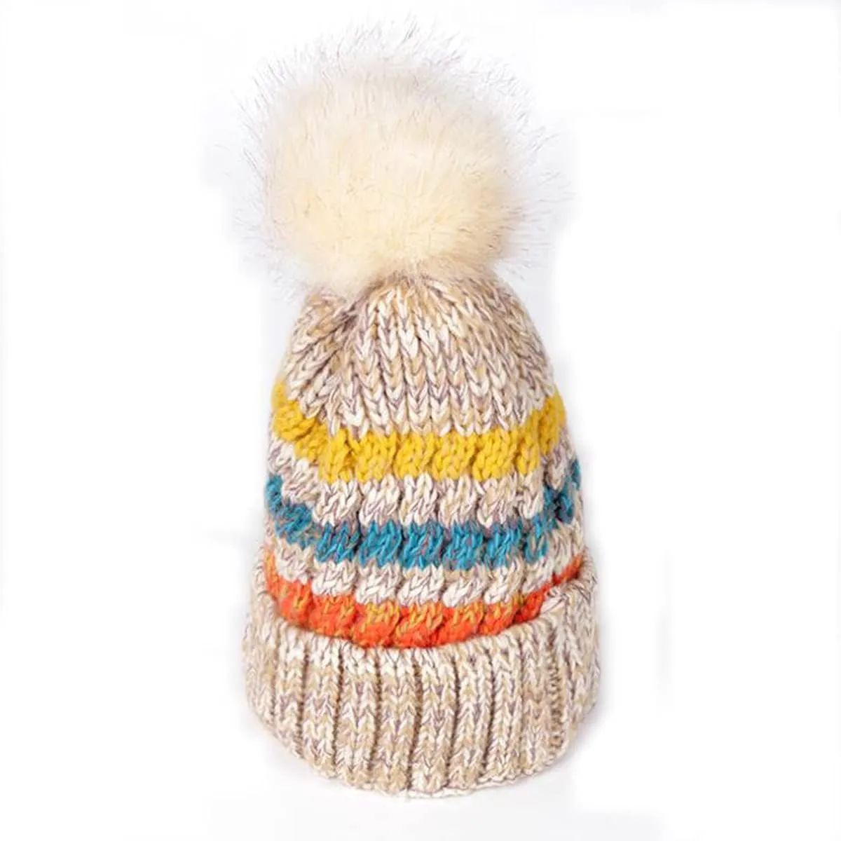 Womens Winter Knit Beanie Hat with Faux Fur pom pom Cap Fleece Lined Skull Cap.