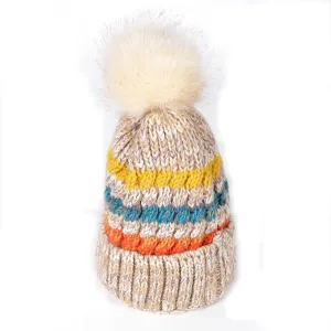 Womens Winter Knit Beanie Hat with Faux Fur pom pom Cap Fleece Lined Skull Cap.