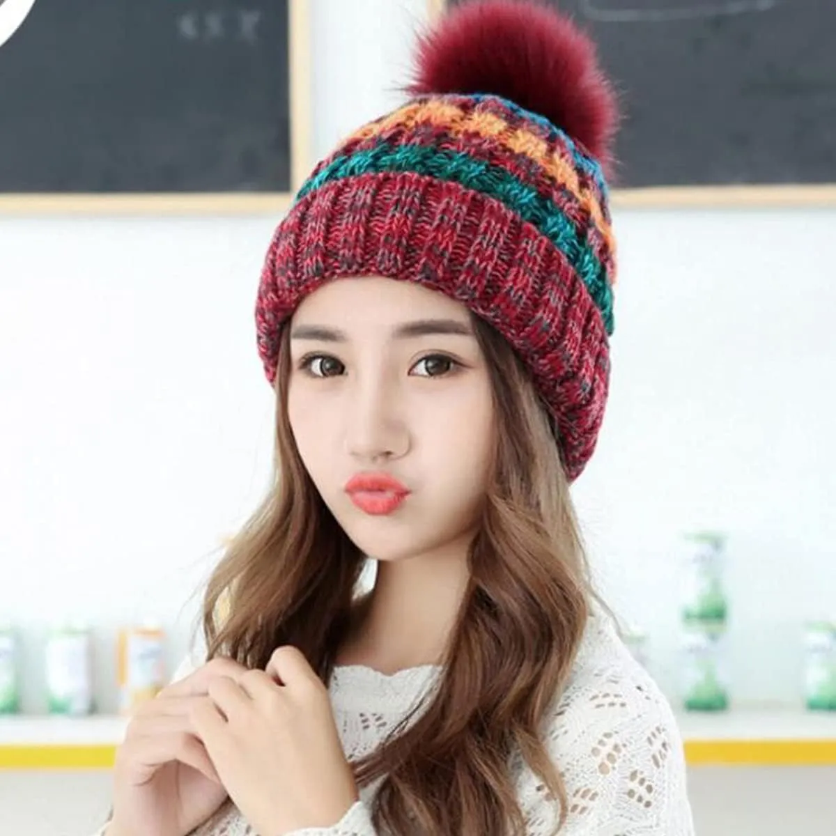 Womens Winter Knit Beanie Hat with Faux Fur pom pom Cap Fleece Lined Skull Cap.