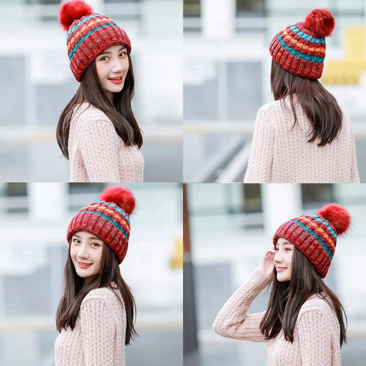 Womens Winter Knit Beanie Hat with Faux Fur pom pom Cap Fleece Lined Skull Cap.