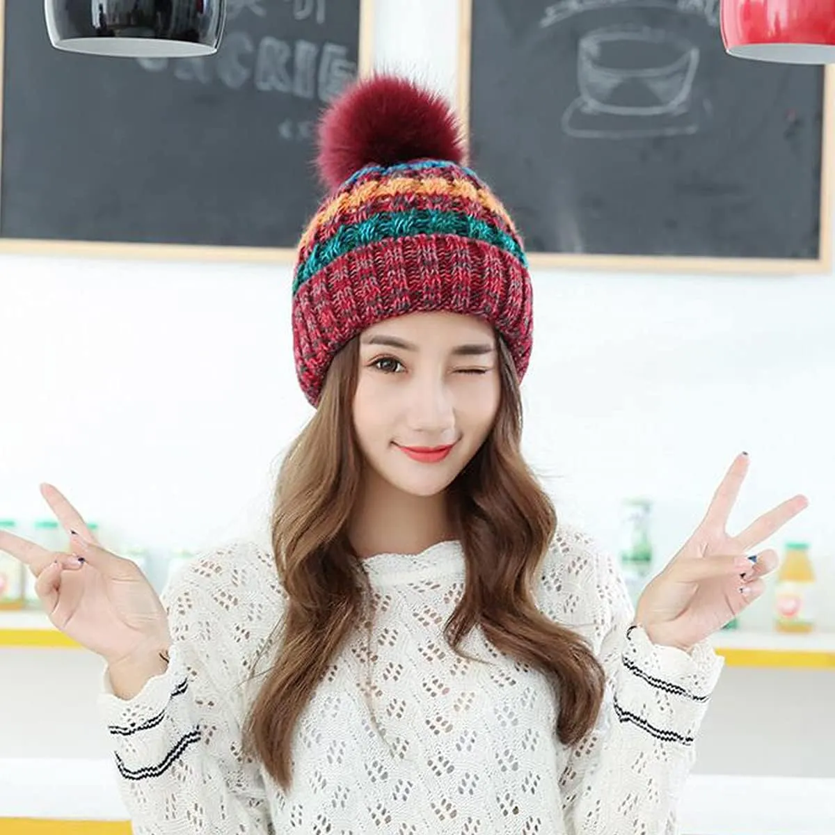 Womens Winter Knit Beanie Hat with Faux Fur pom pom Cap Fleece Lined Skull Cap.
