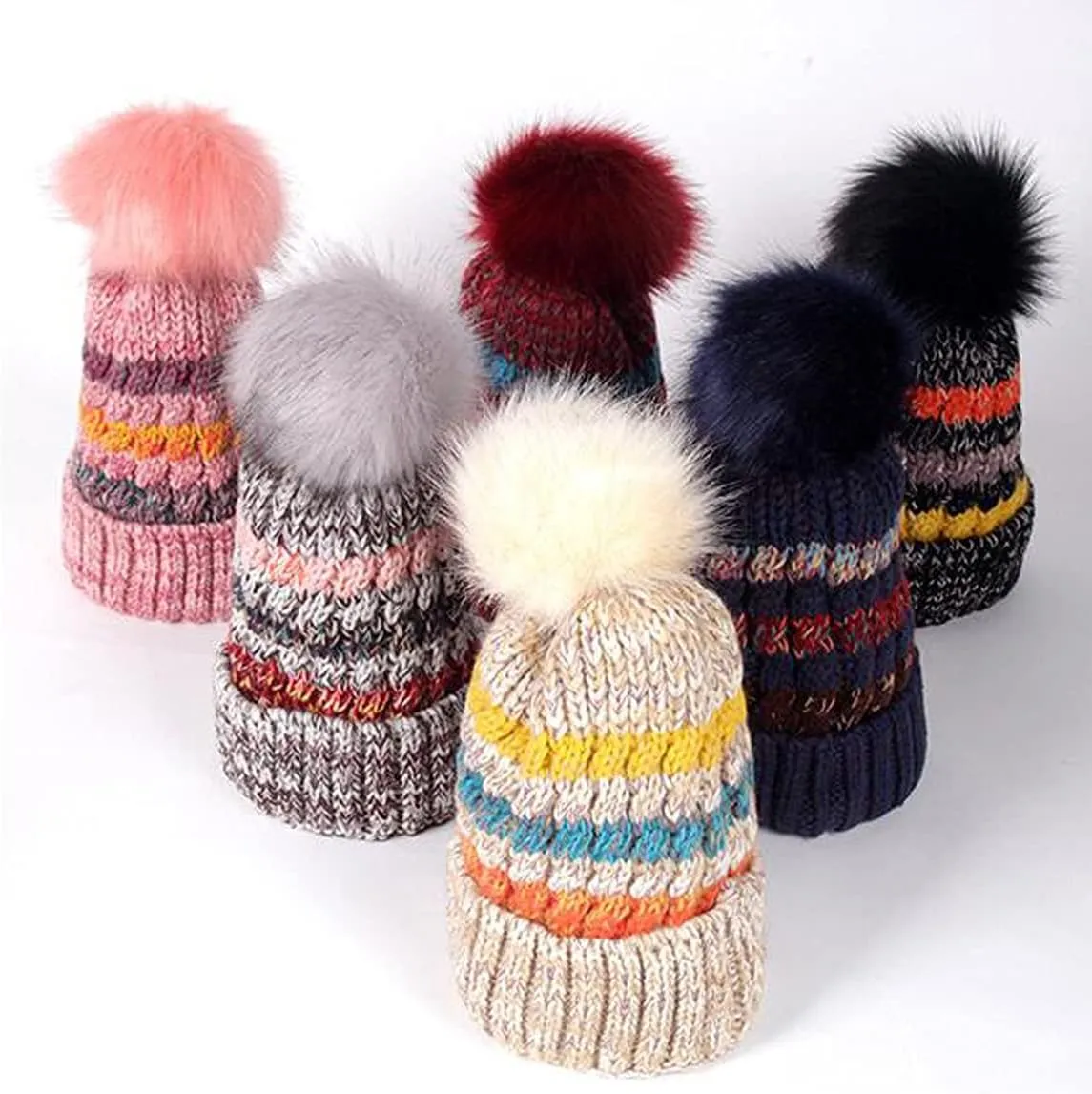 Womens Winter Knit Beanie Hat with Faux Fur pom pom Cap Fleece Lined Skull Cap.