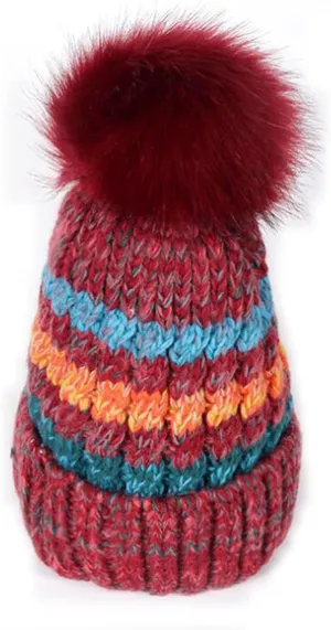 Womens Winter Knit Beanie Hat with Faux Fur pom pom Cap Fleece Lined Skull Cap.