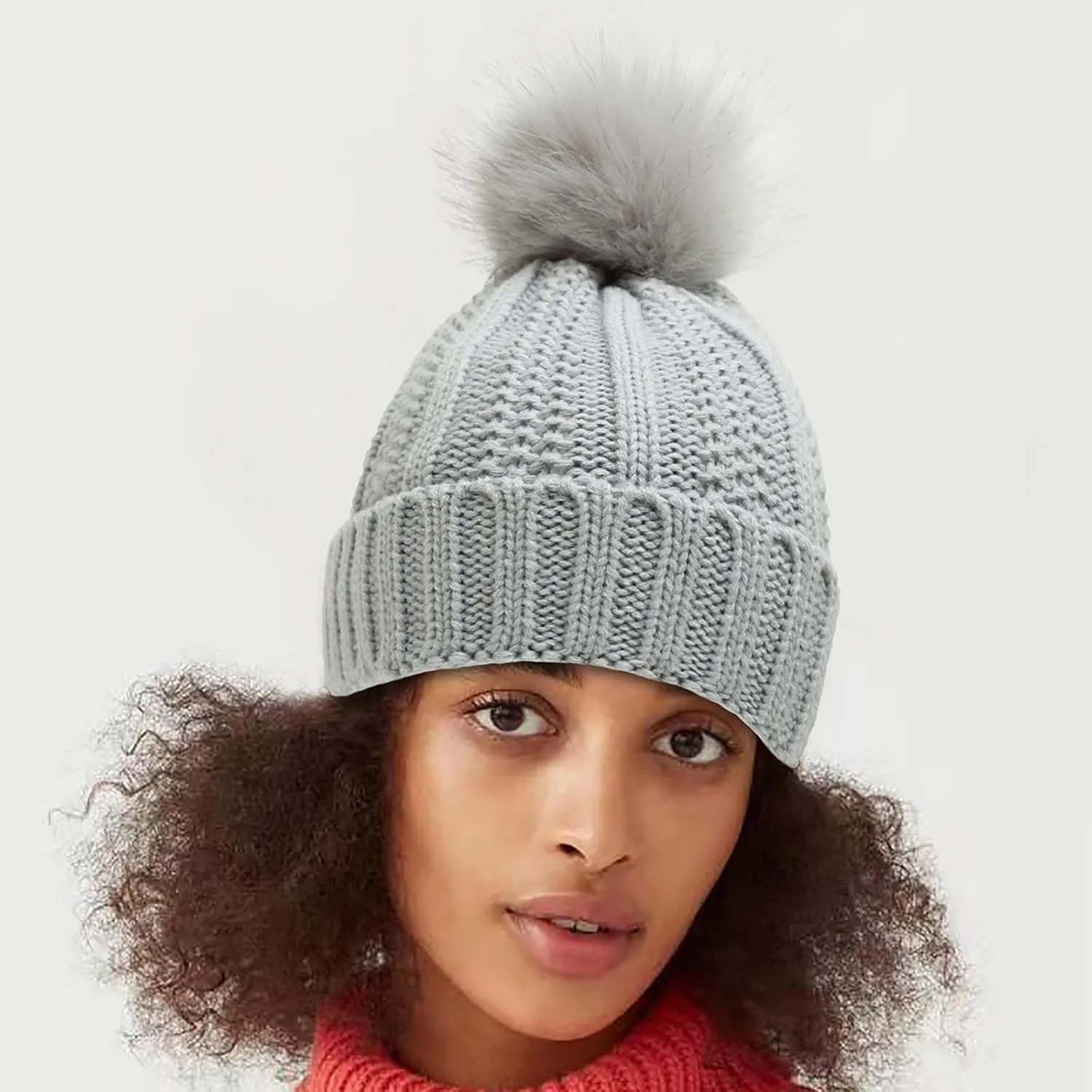 Womens Winter Knitted Beanie Hat with Faux Fur Pom Winter Fashion Solid Warm Knit Skull Cap Beanie for Women
